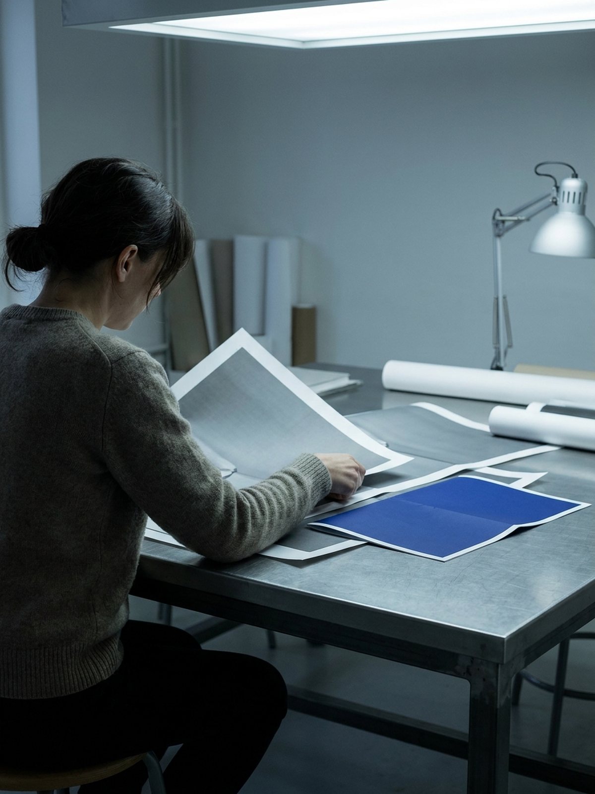 Arranging printed proofs at the worktable — placeholder image